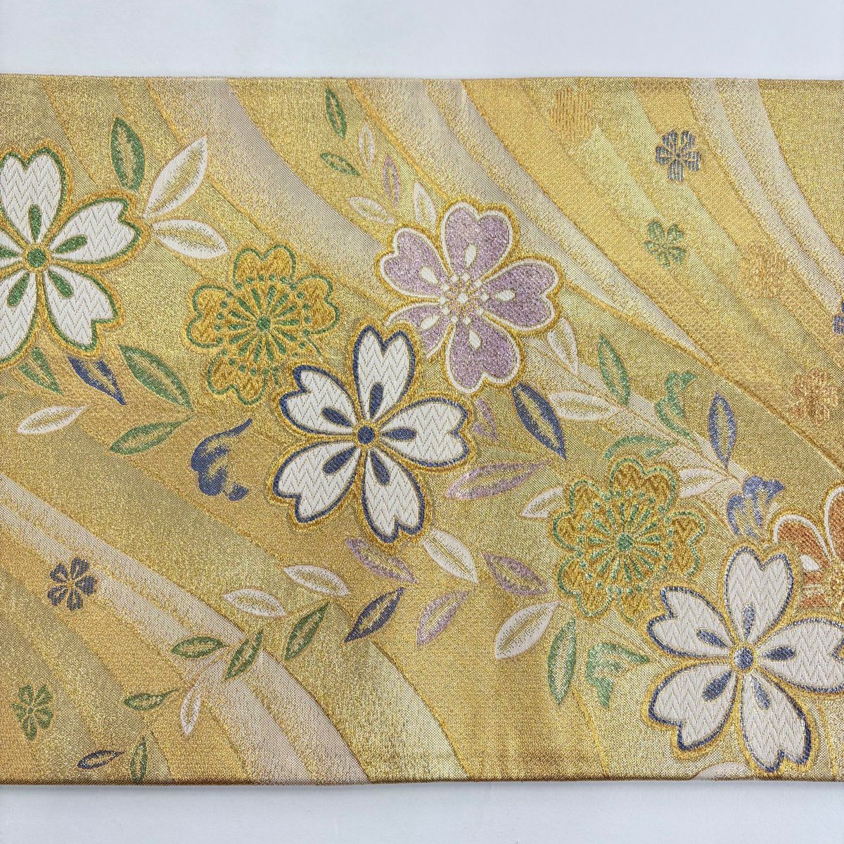 袋帶 秀品級 櫻花 斜紋 刺繡 金絲 金 六通 純蠶絲