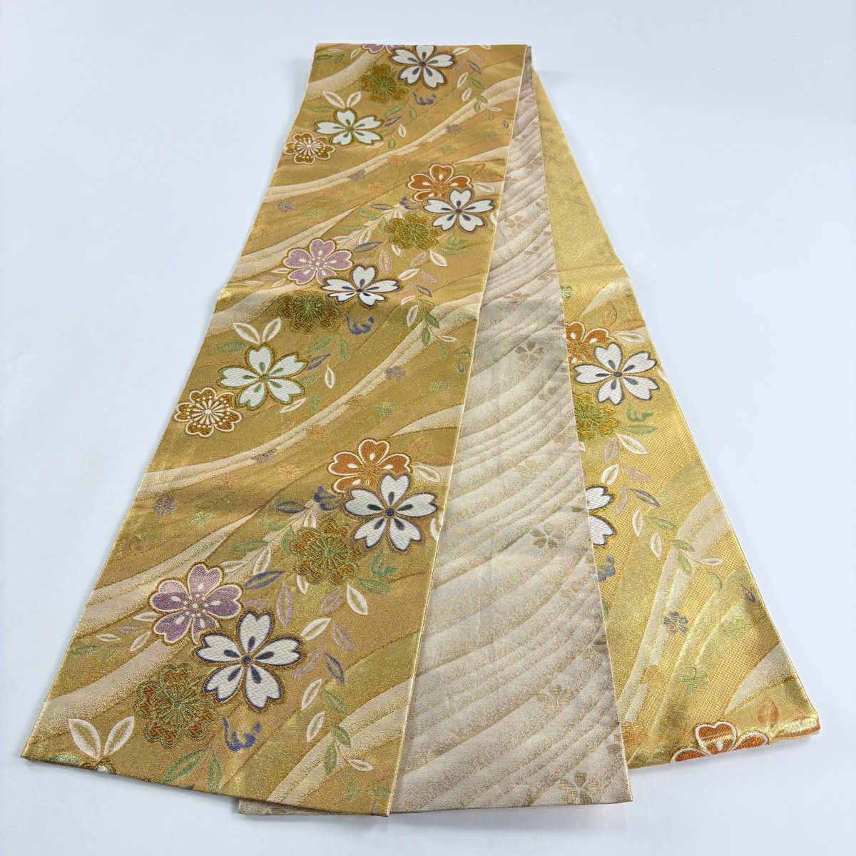 袋帶 秀品級 櫻花 斜紋 刺繡 金絲 金 六通 純蠶絲