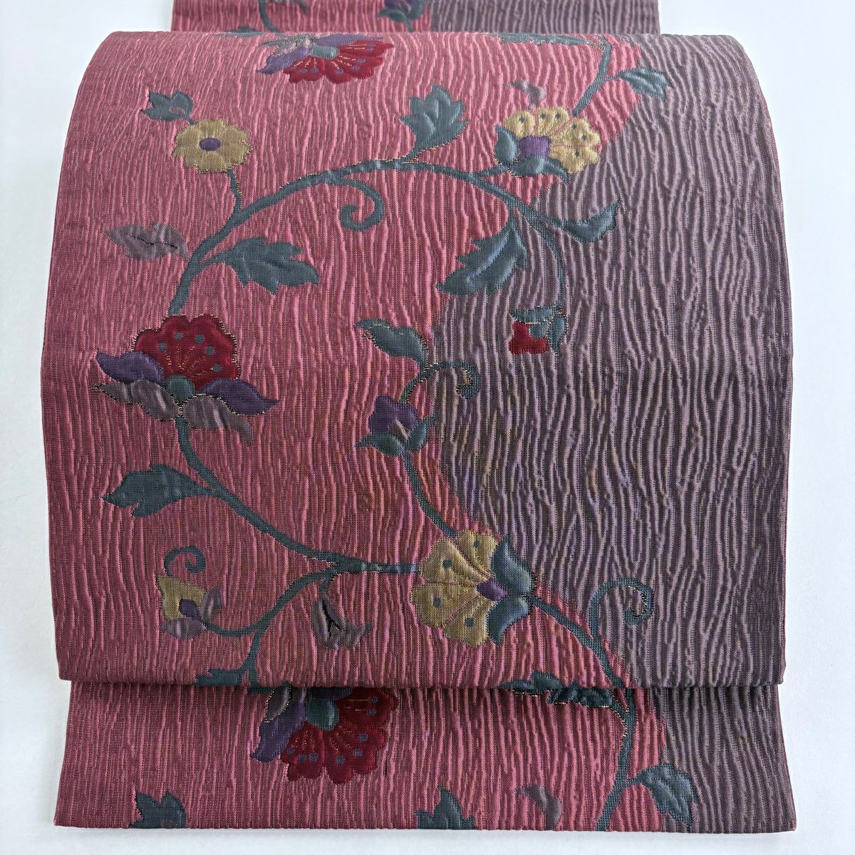【美品】 袋帶 秀品級 花唐草紋 金金箔 深粉紅 六通 純蠶絲