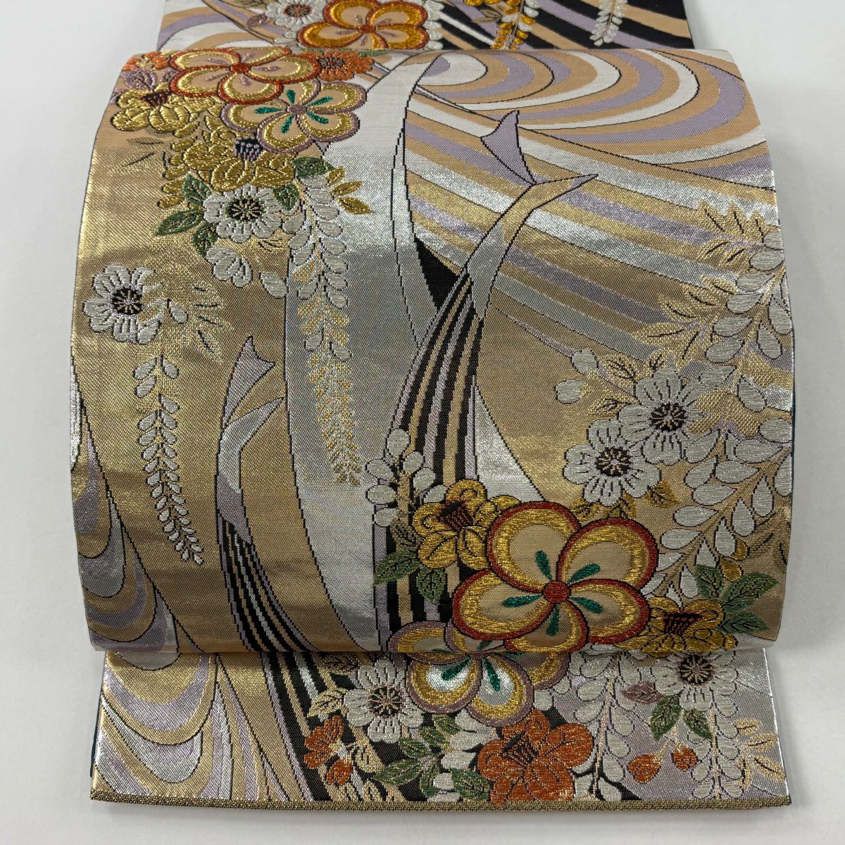 【美品】 袋帶 秀品級 草花紋紋 鳥 金銀彩 金金箔 灰紫 六通 純蠶絲