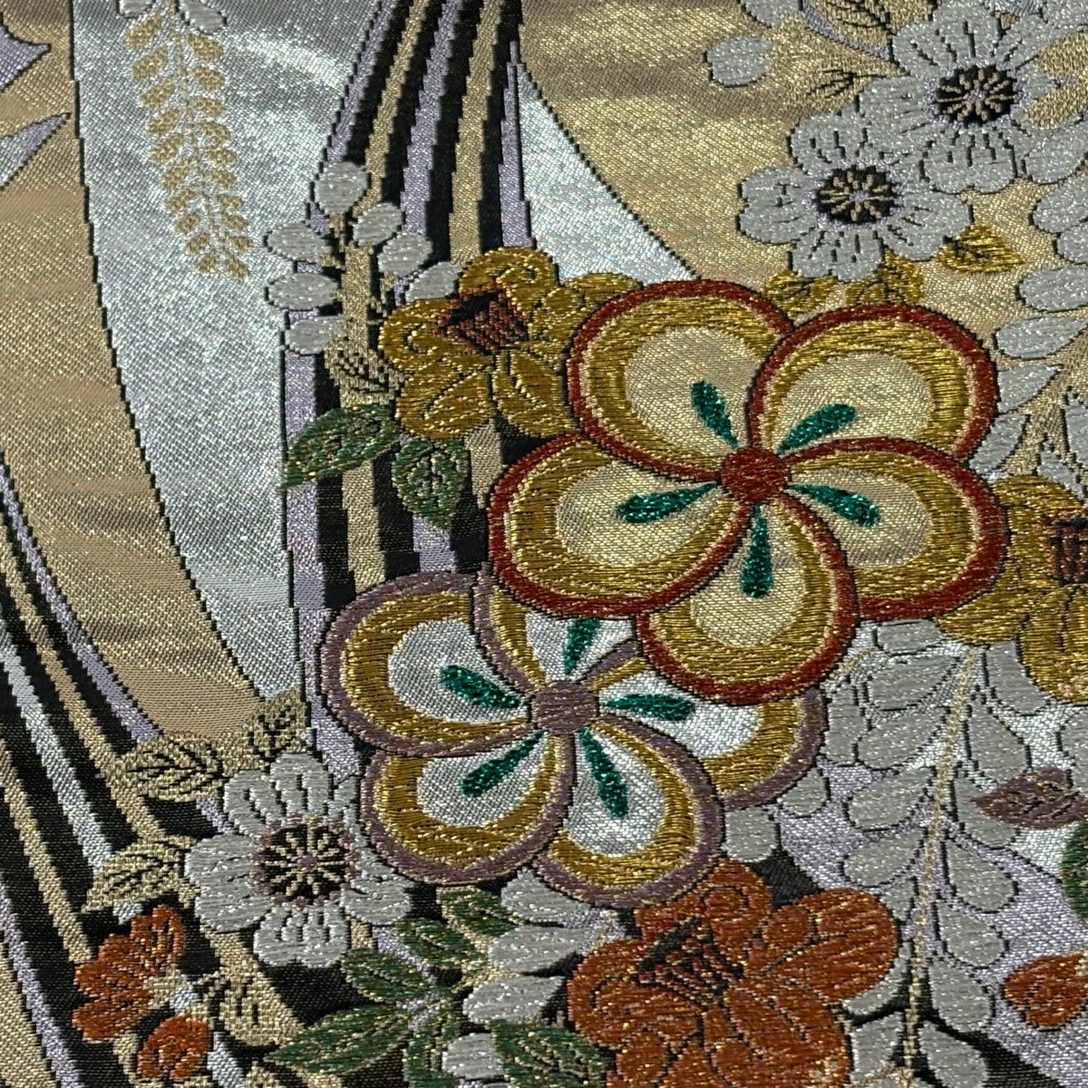 【美品】 袋帶 秀品級 草花紋紋 鳥 金銀彩 金金箔 灰紫 六通 純蠶絲