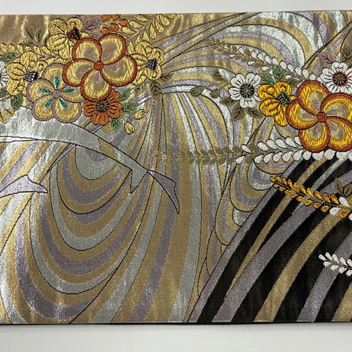 【美品】 袋帶 秀品級 草花紋紋 鳥 金銀彩 金金箔 灰紫 六通 純蠶絲