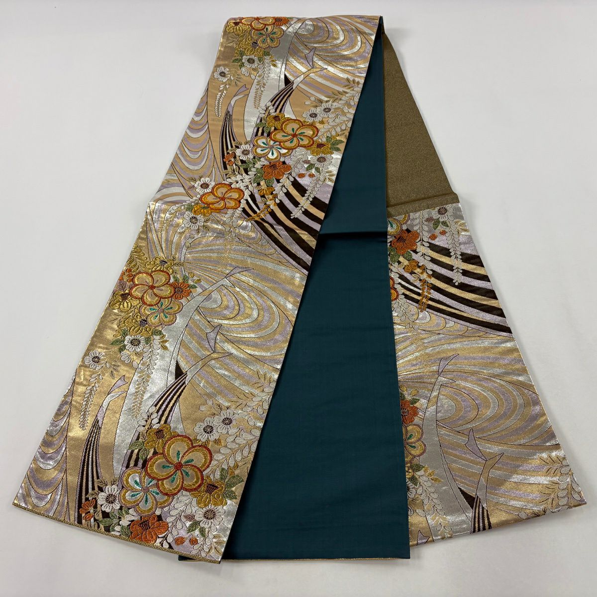【美品】 袋帶 秀品級 草花紋紋 鳥 金銀彩 金金箔 灰紫 六通 純蠶絲