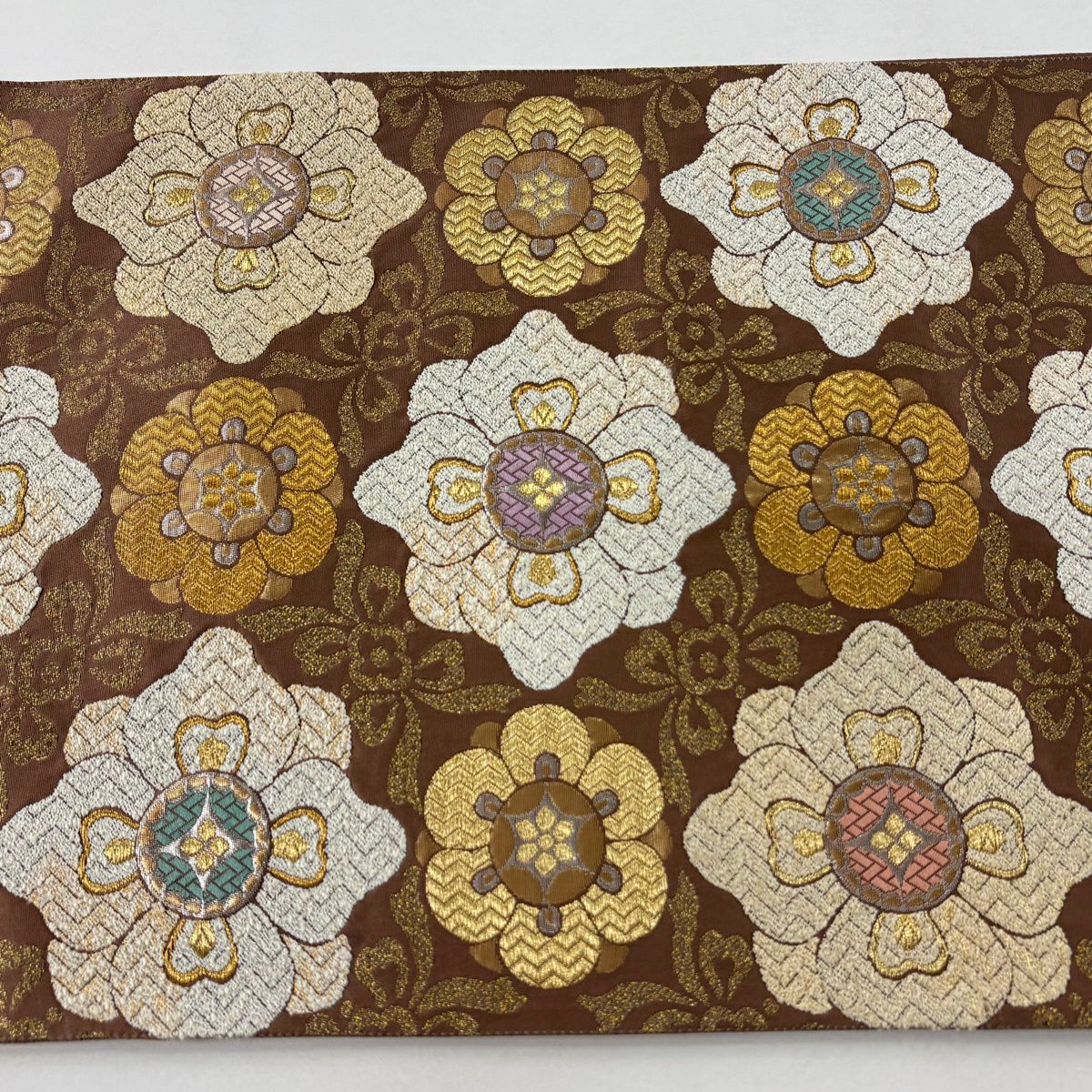 【美品】 袋帶 秀品級 華紋 草花紋 金絲 金金箔 小豆 深藍 六通 純蠶絲