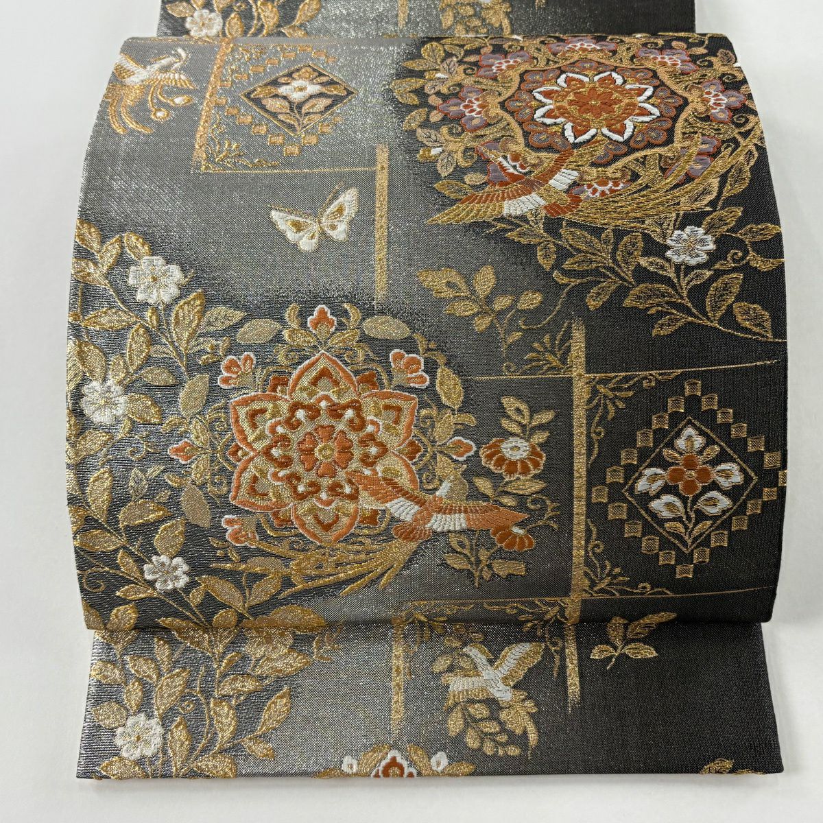 【美品】 袋帶 秀品級 華紋 花鳥 刺繡 金糸 黑灰 六通 純蠶絲