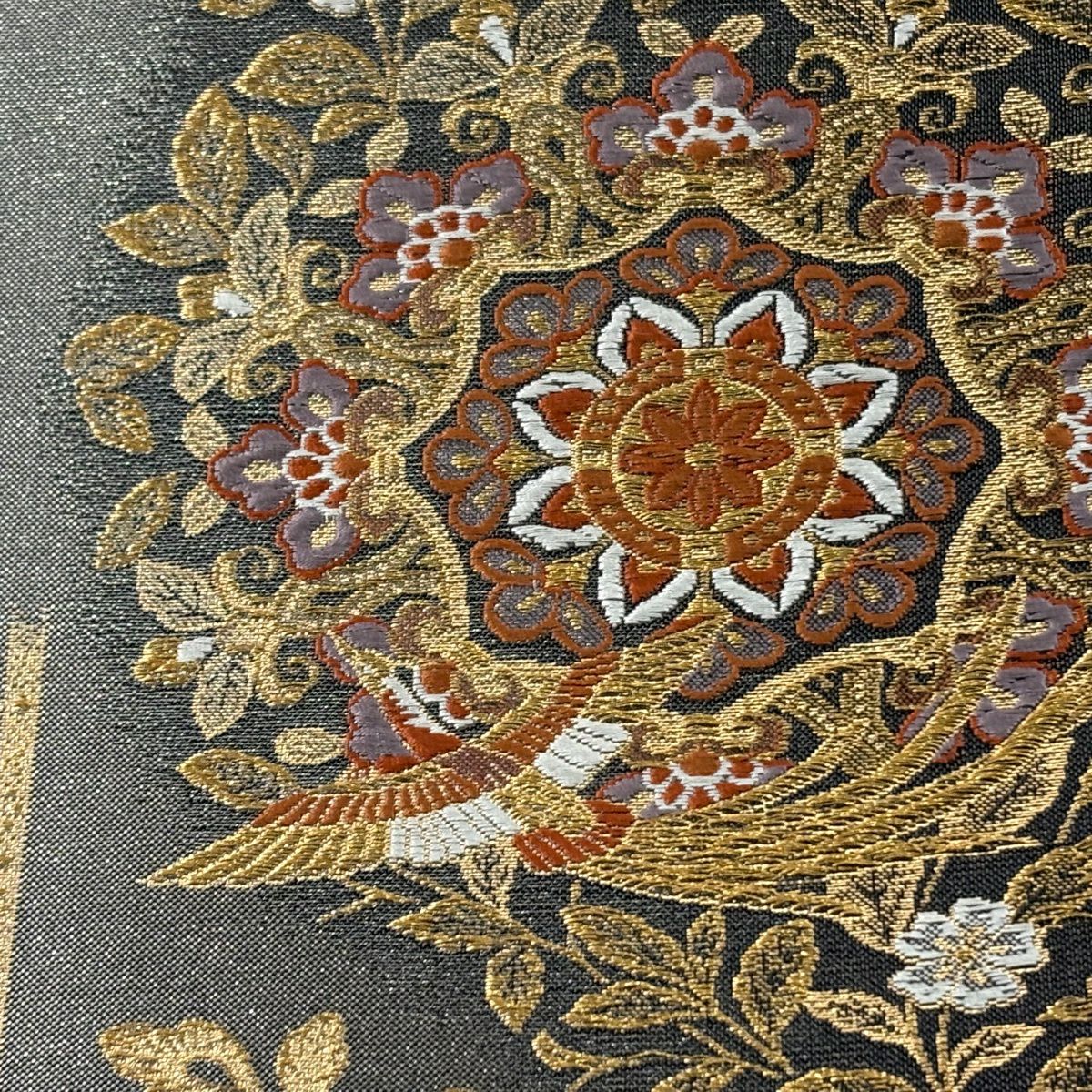 【美品】 袋帶 秀品級 華紋 花鳥 刺繡 金糸 黑灰 六通 純蠶絲