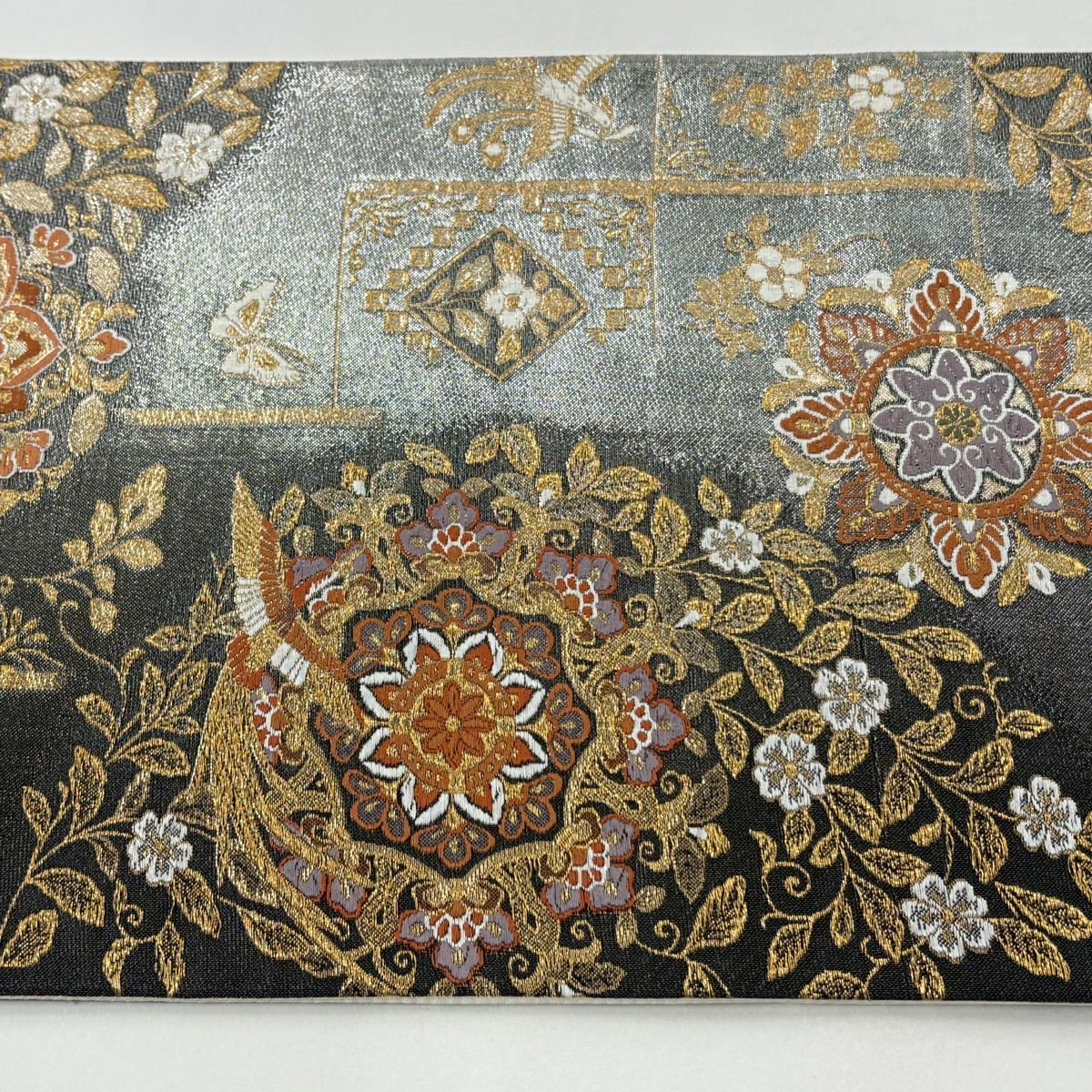 【美品】 袋帶 秀品級 華紋 花鳥 刺繡 金糸 黑灰 六通 純蠶絲