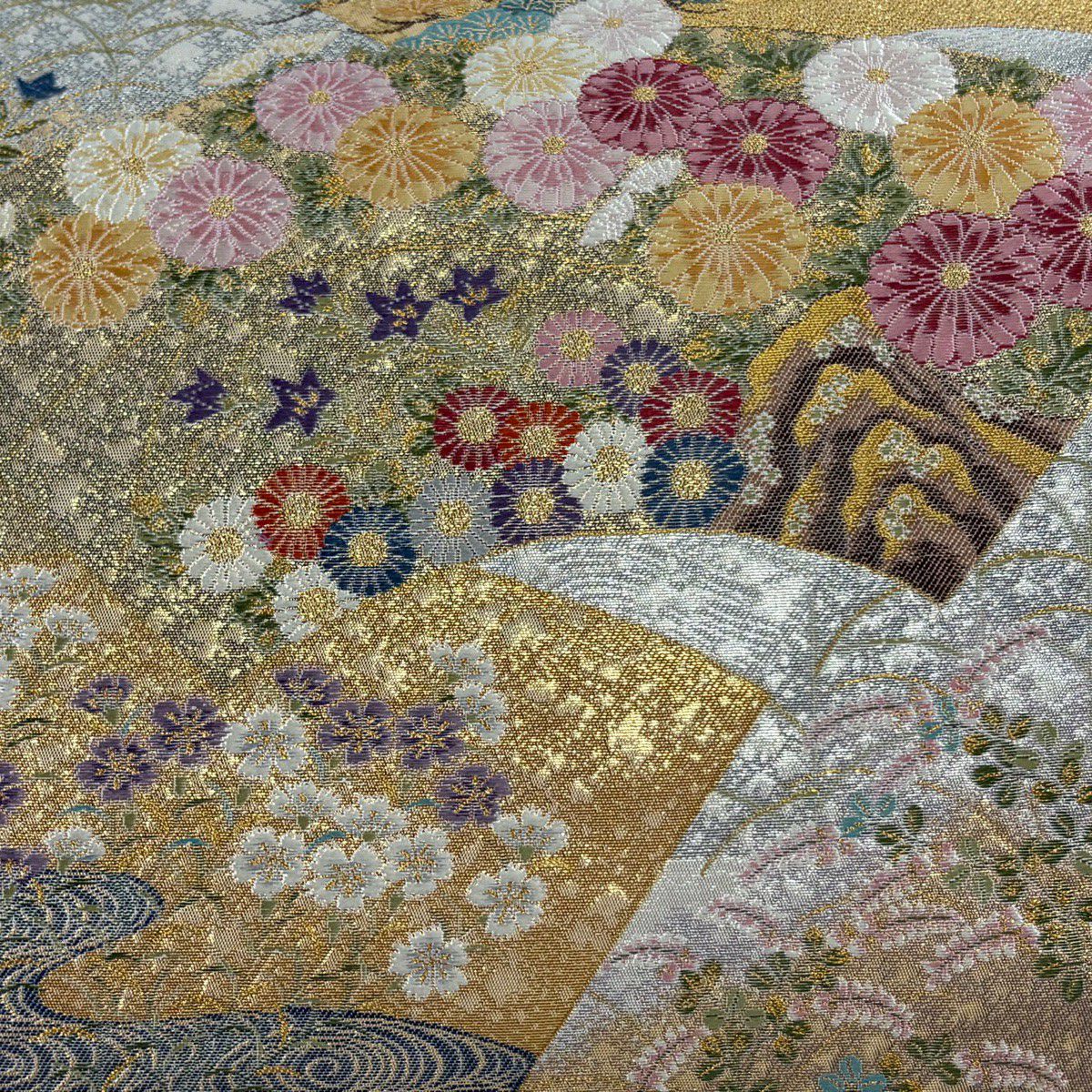 【美品】 袋帶 秀品級 吉祥四季紋 金金箔 銀 六通 純蠶絲