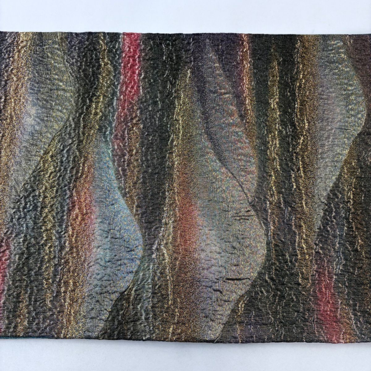 【美品】 袋帶 秀品級 染織刺繡紋金金箔 天幻 山並 霞 金金箔 鶯 綠 六通 純蠶絲