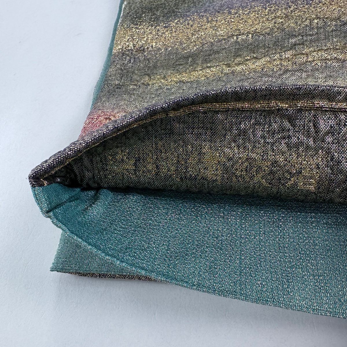 【美品】 袋帶 秀品級 染織刺繡紋金金箔 天幻 山並 霞 金金箔 鶯 綠 六通 純蠶絲