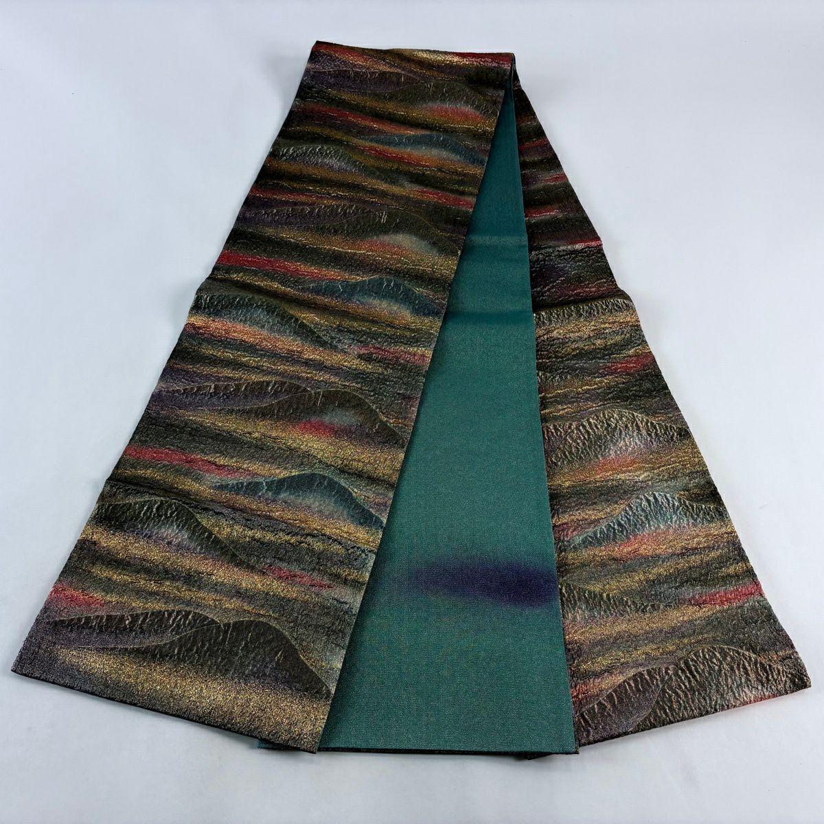【美品】 袋帶 秀品級 染織刺繡紋金金箔 天幻 山並 霞 金金箔 鶯 綠 六通 純蠶絲