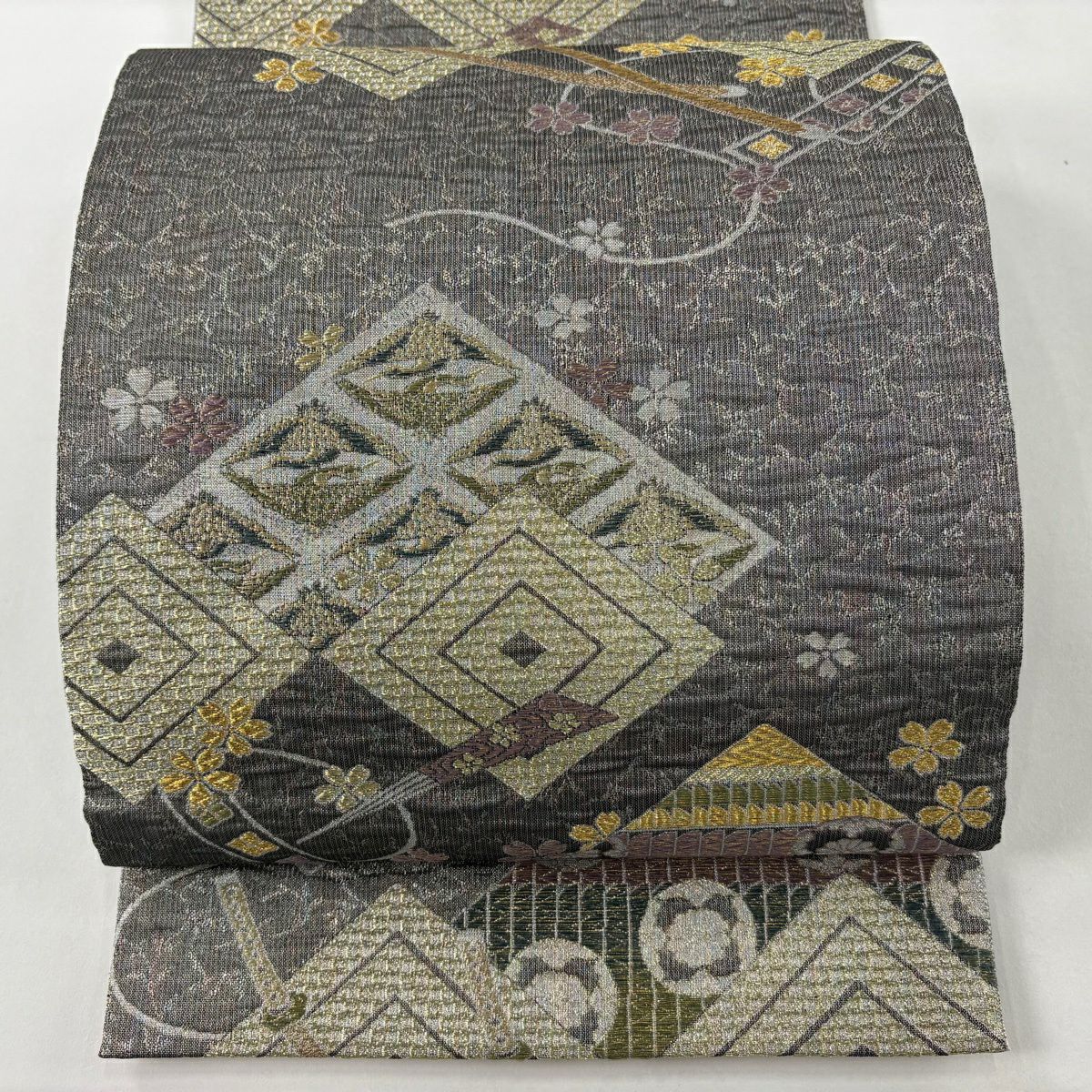【美品】 袋帶 秀品級 刀 入子菱 金銀糸 灰 深藍 六通 純蠶絲