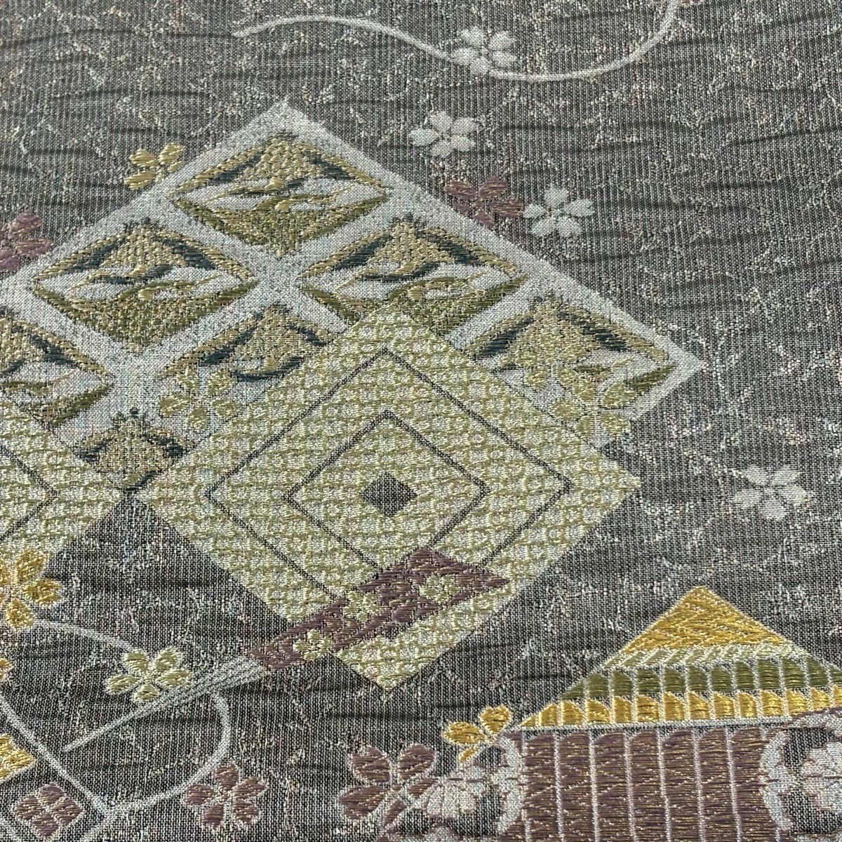 【美品】 袋帶 秀品級 刀 入子菱 金銀糸 灰 深藍 六通 純蠶絲