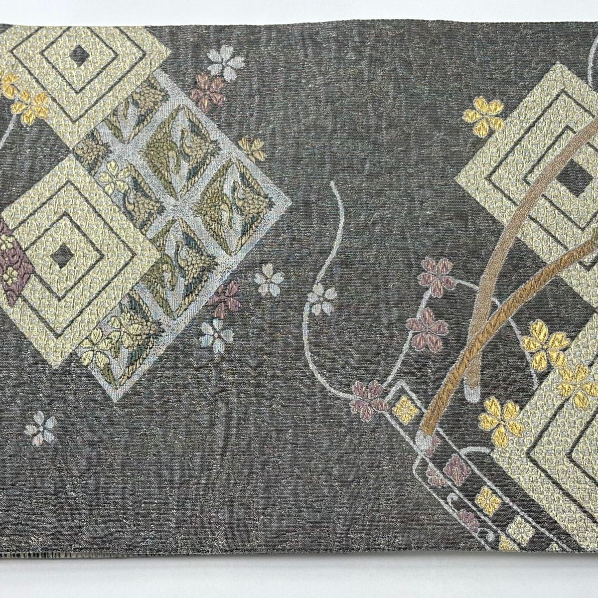 【美品】 袋帶 秀品級 刀 入子菱 金銀糸 灰 深藍 六通 純蠶絲