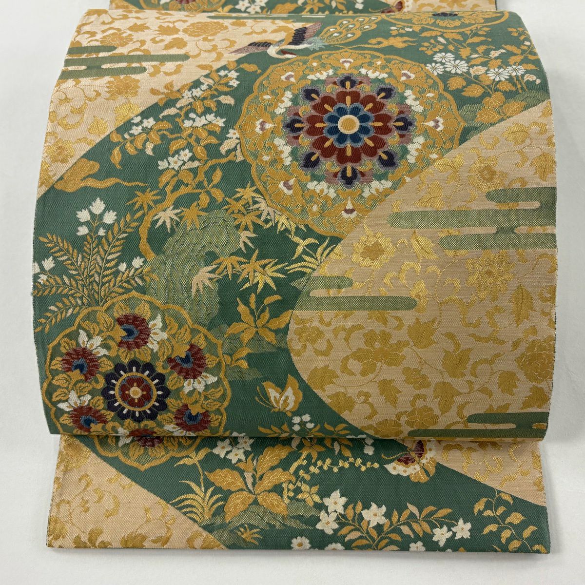 【美品】 袋帶 秀品級 華紋 草花紋紋 金金箔 綠 六通 純蠶絲