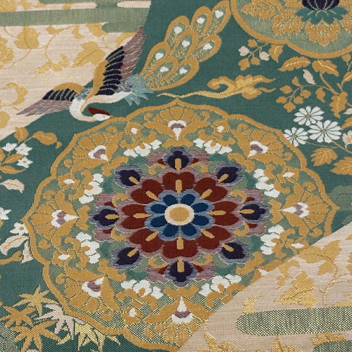 【美品】 袋帶 秀品級 華紋 草花紋紋 金金箔 綠 六通 純蠶絲