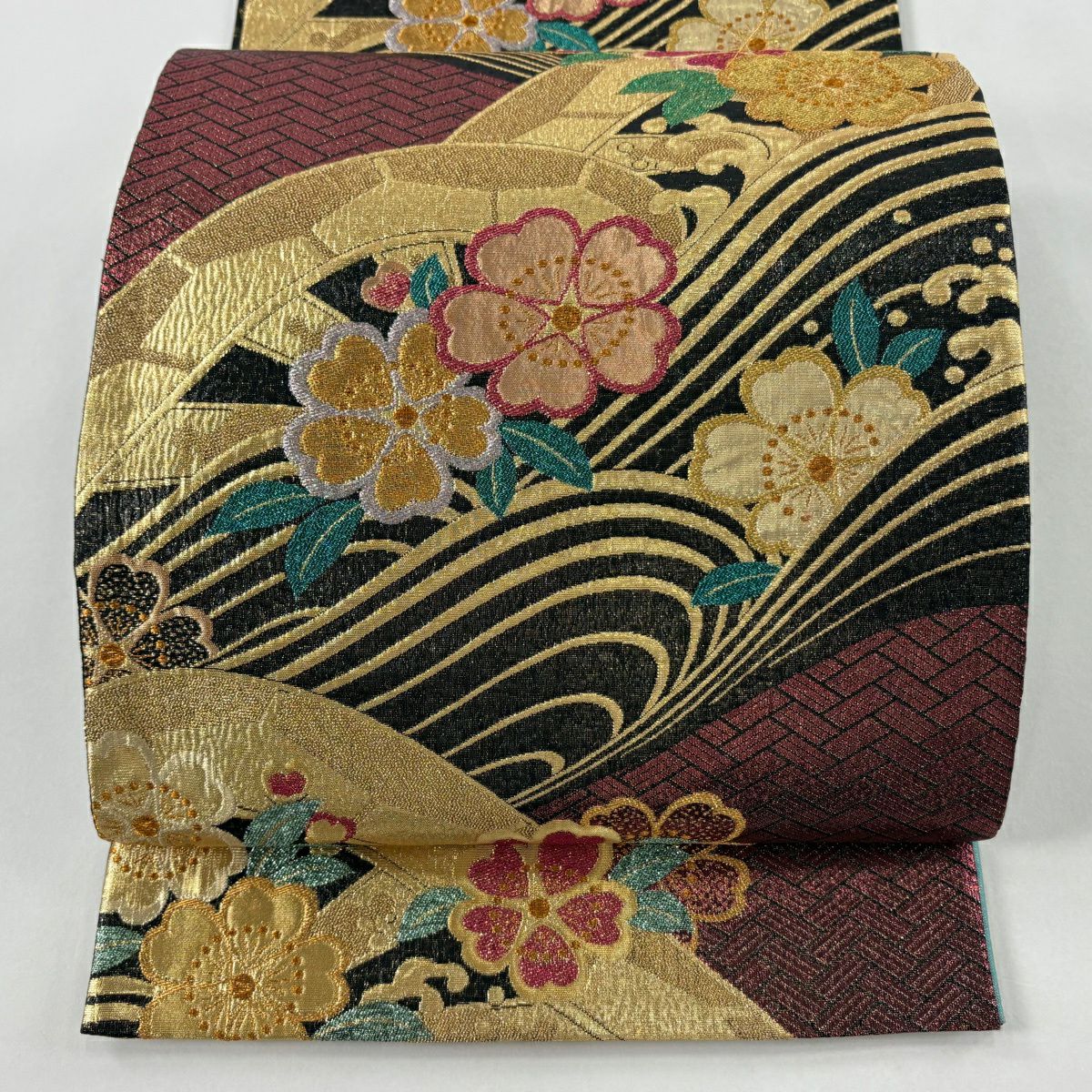 【美品】 袋帶 秀品級 振袖禮服禮服用 片輪車 櫻花 金絲 金金箔 紅紫 六通 純蠶絲