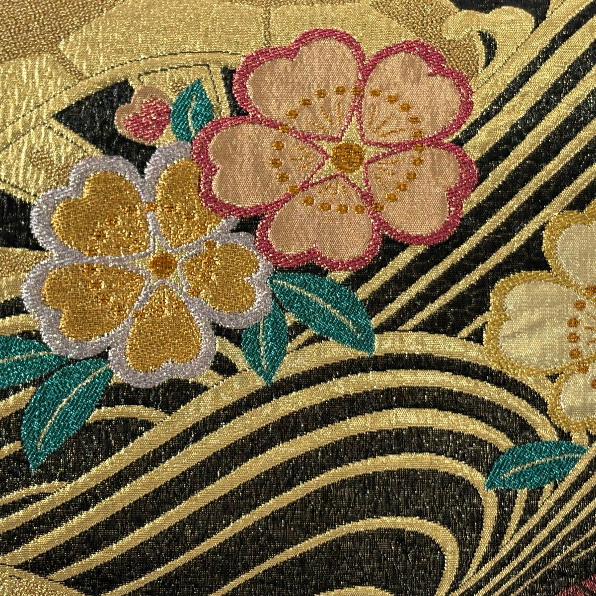 【美品】 袋帶 秀品級 振袖禮服禮服用 片輪車 櫻花 金絲 金金箔 紅紫 六通 純蠶絲