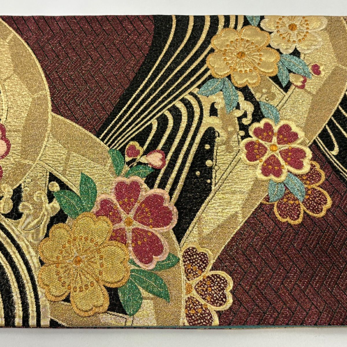【美品】 袋帶 秀品級 振袖禮服禮服用 片輪車 櫻花 金絲 金金箔 紅紫 六通 純蠶絲