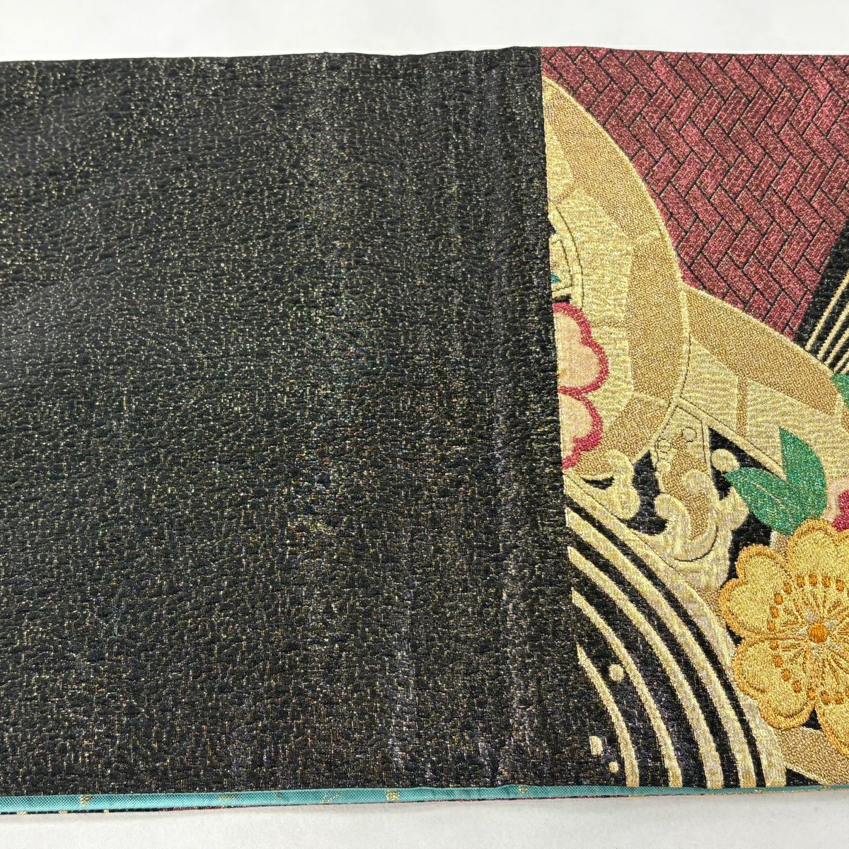 【美品】 袋帶 秀品級 振袖禮服禮服用 片輪車 櫻花 金絲 金金箔 紅紫 六通 純蠶絲