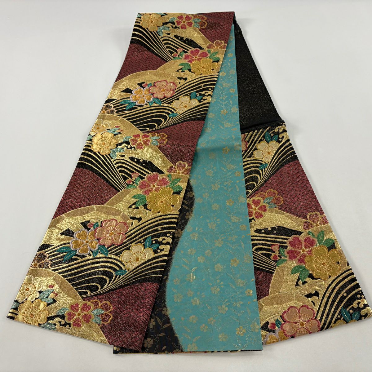 【美品】 袋帶 秀品級 振袖禮服禮服用 片輪車 櫻花 金絲 金金箔 紅紫 六通 純蠶絲
