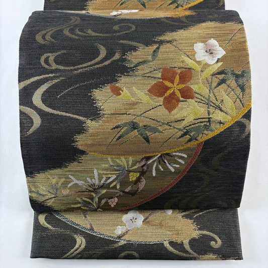 袋帶 秀品級 枝梅花 流水 金絲 焦茶 六通 純蠶絲