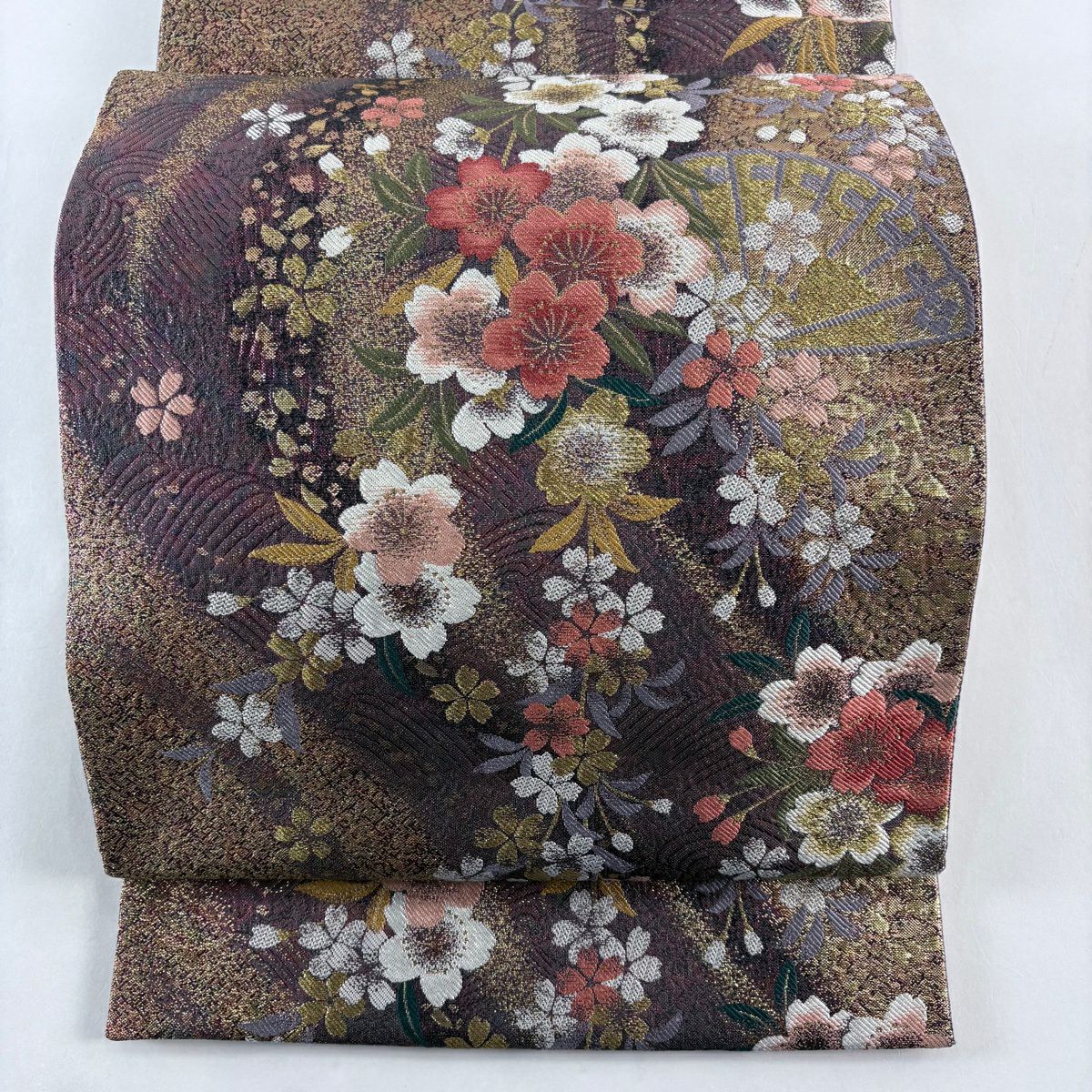 【美品】 袋帶 秀品級 櫻花 檜扇子 金絲 金金箔 紅紫 六通 純蠶絲