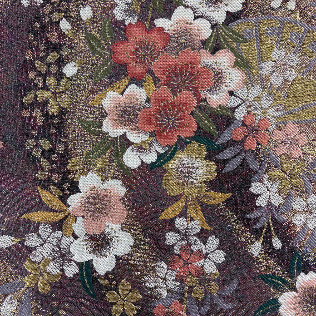 【美品】 袋帶 秀品級 櫻花 檜扇子 金絲 金金箔 紅紫 六通 純蠶絲