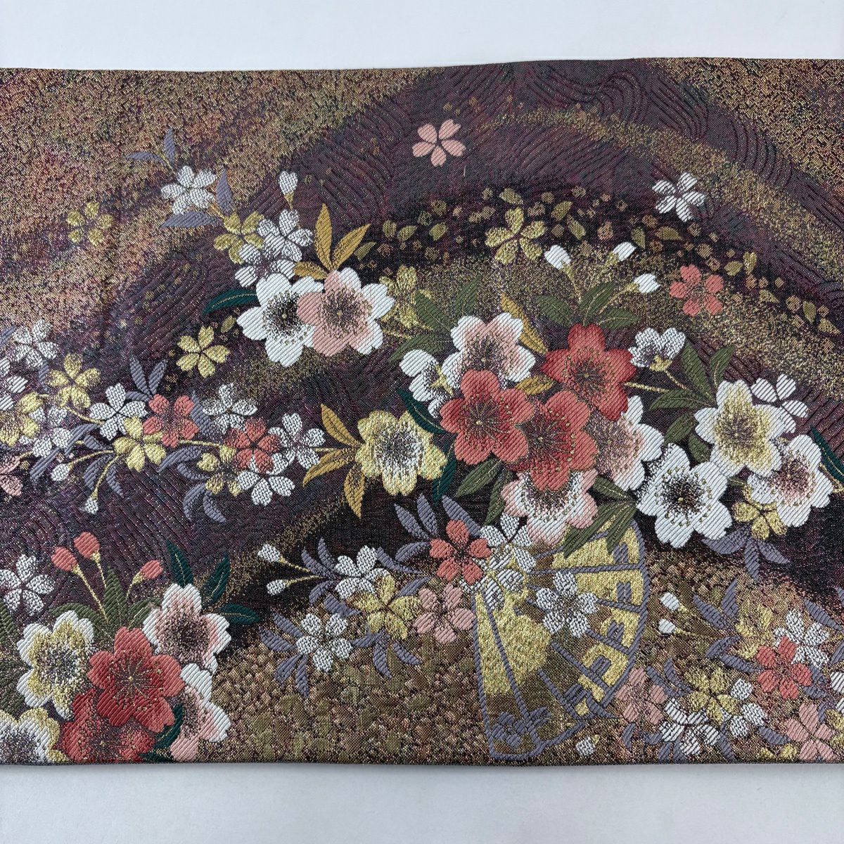 【美品】 袋帶 秀品級 櫻花 檜扇子 金絲 金金箔 紅紫 六通 純蠶絲