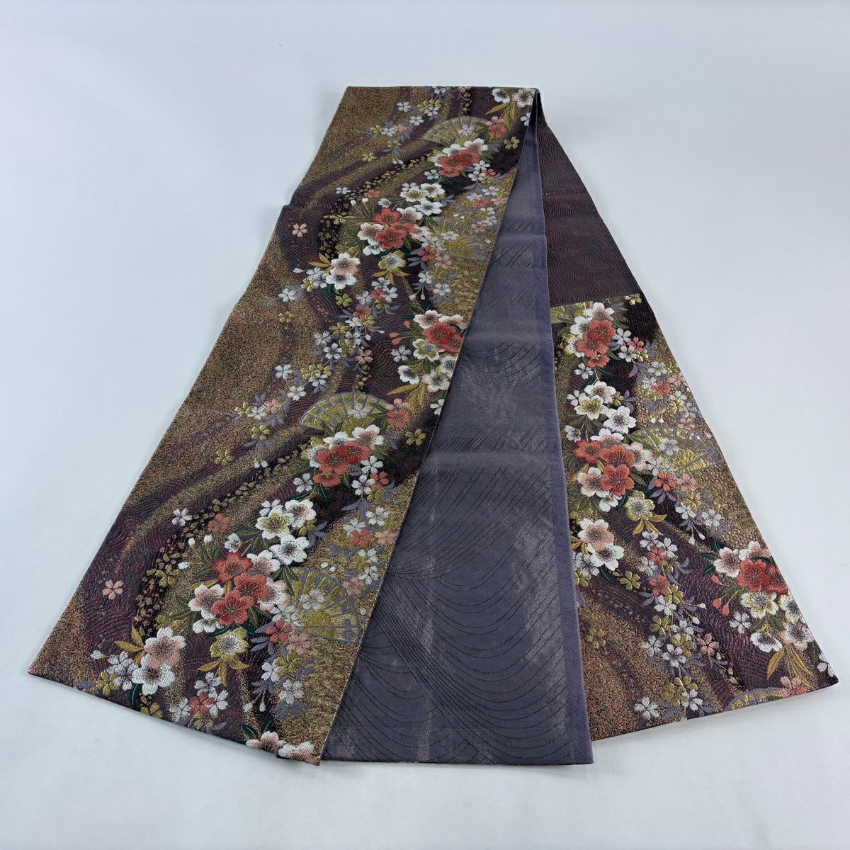 【美品】 袋帶 秀品級 櫻花 檜扇子 金絲 金金箔 紅紫 六通 純蠶絲