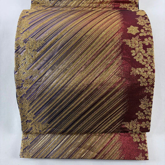 袋帶 秀品級 振袖禮服禮服用 萩 斜紋 金銀絲 金金箔 紅 大鼓圖案 純蠶絲
