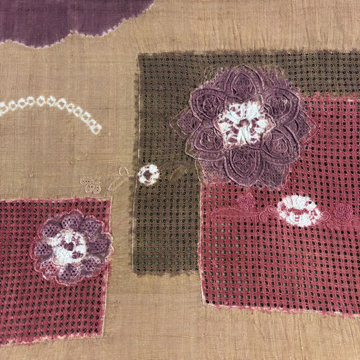 名古屋帶 秀品級 紬織織 華紋 雲文 絞染 刺繡 薄茶 純蠶絲