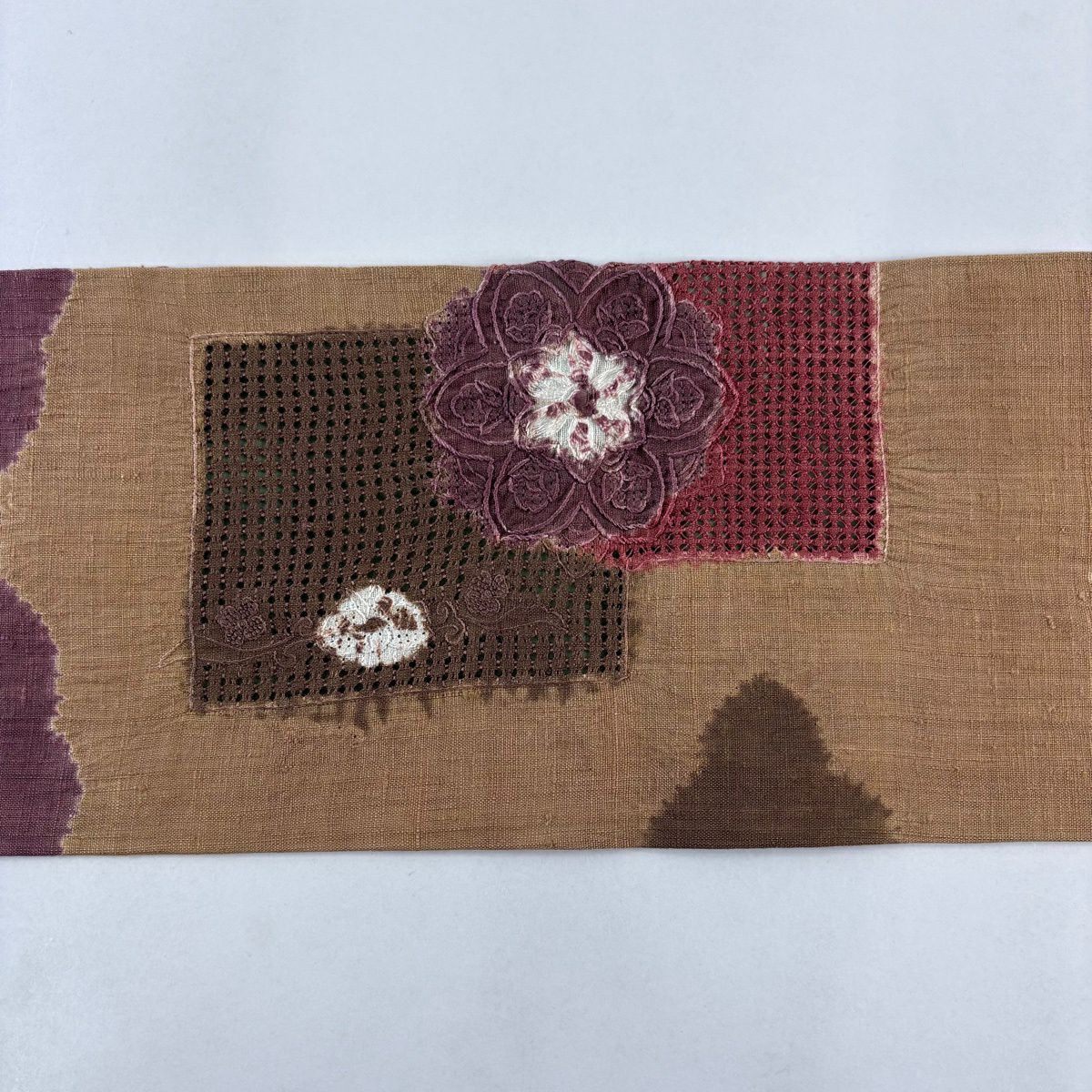 名古屋帶 秀品級 紬織織 華紋 雲文 絞染 刺繡 薄茶 純蠶絲