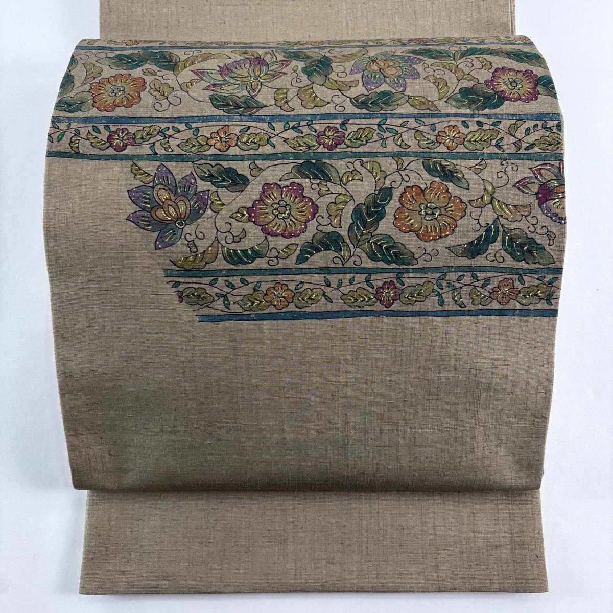 【美品】 袋帶 秀品級 落款あり 紬織織 縞 花唐草紋 金彩裝飾 茶綠 お太鼓柄 純蠶絲