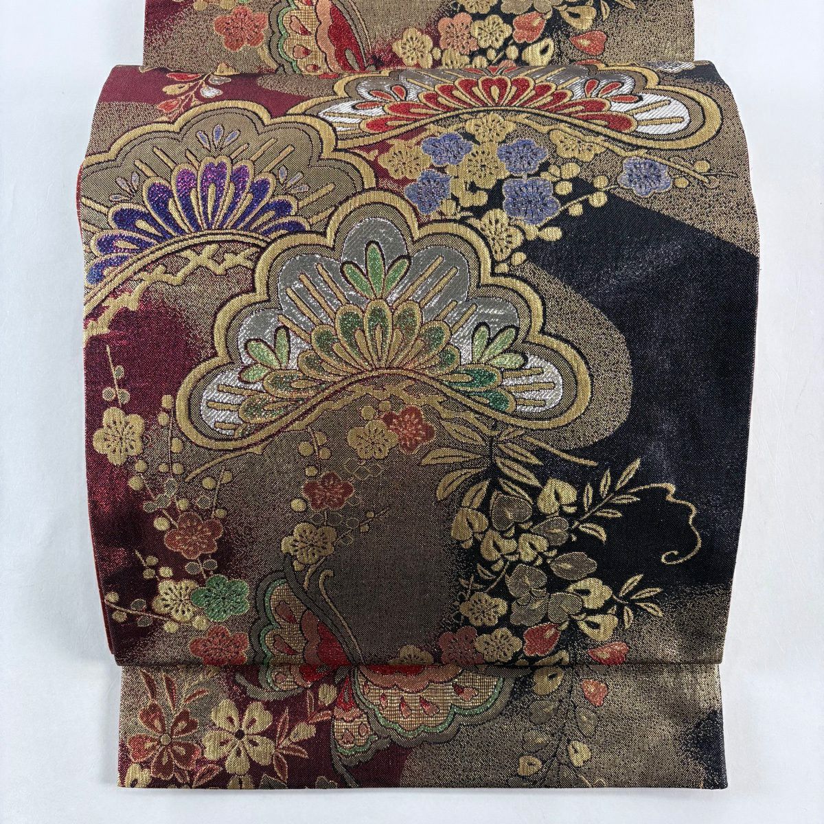 【美品】 袋帶 秀品級 松樹梅花 蝶 金絲 金金箔 紅 六通 純蠶絲