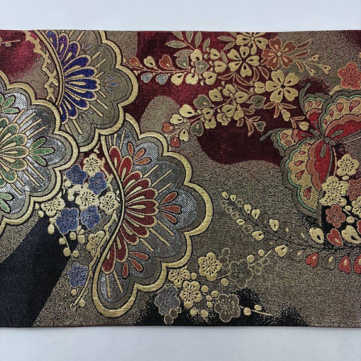 【美品】 袋帶 秀品級 松樹梅花 蝶 金絲 金金箔 紅 六通 純蠶絲