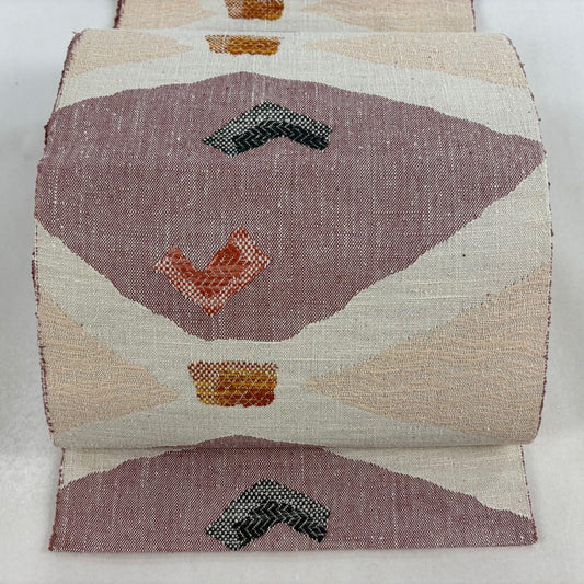 【美品】名古屋帶 秀品級 松樹葉仕立 八寸名古屋帶 幾何學 奶油色 純蠶絲