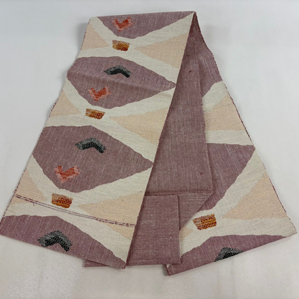 【美品】名古屋帶 秀品級 松樹葉仕立 八寸名古屋帶 幾何學 奶油色 純蠶絲