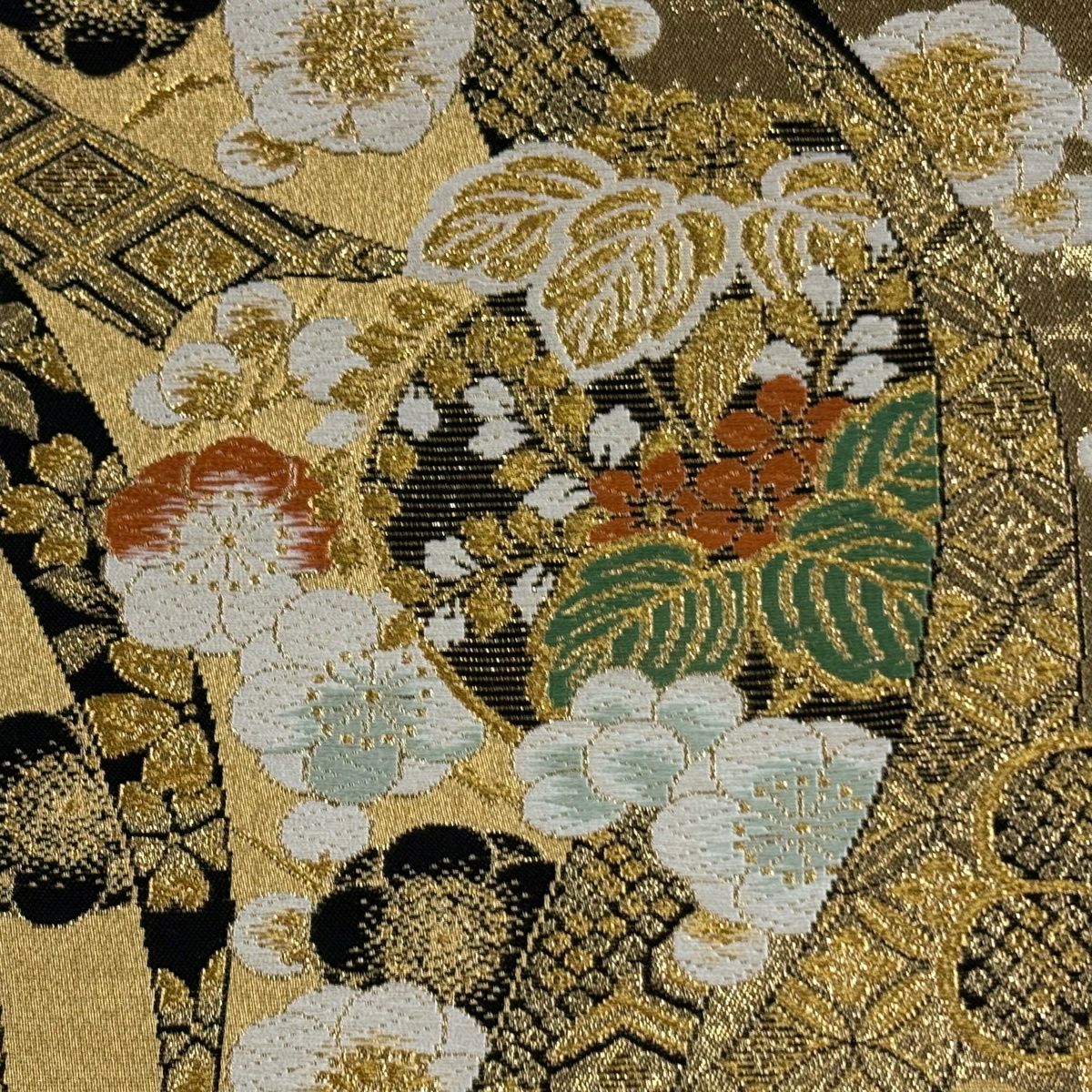 【美品】 袋帶 秀品級 草花紋 熨斗紋 金金箔 金銀彩 金 六通 純蠶絲