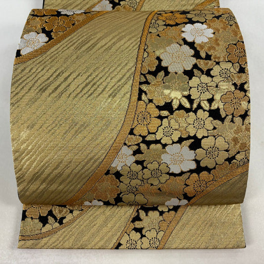 【美品】 袋帶 優品級 櫻花 幾何學 金絲 金金箔 金 六通 純蠶絲