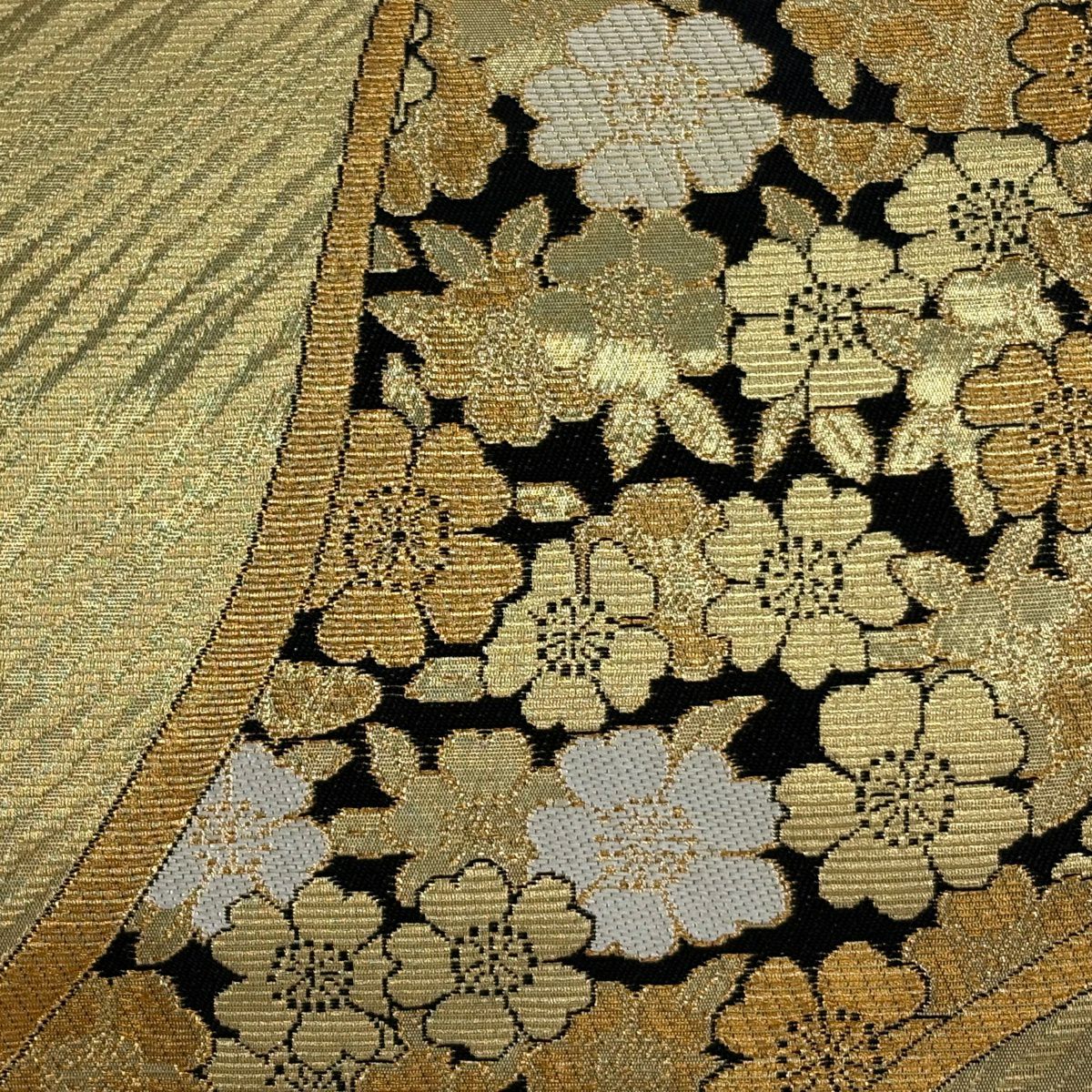 【美品】 袋帶 優品級 櫻花 幾何學 金絲 金金箔 金 六通 純蠶絲