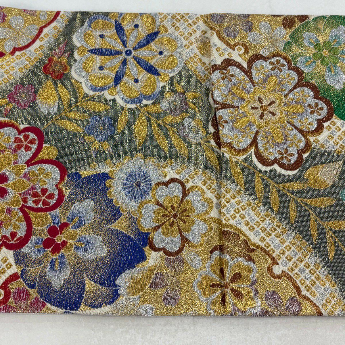 【美品】名古屋帶 秀品級 紬織織 草花紋紋 幾何學 相良刺繡 灰茶 純蠶絲