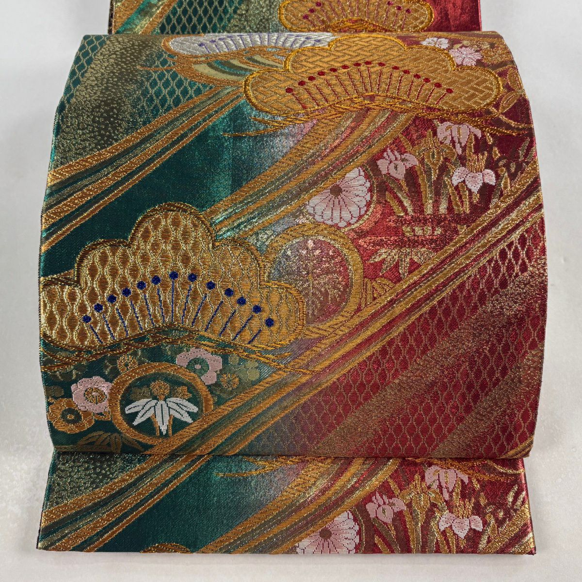 袋帶 秀品級 松樹竹子梅花 ヱ霞 金銀糸 金金箔 綠 六通 純蠶絲