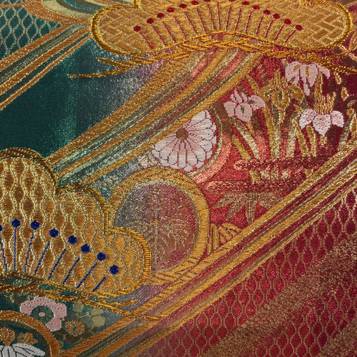 袋帶 秀品級 松樹竹子梅花 ヱ霞 金銀糸 金金箔 綠 六通 純蠶絲