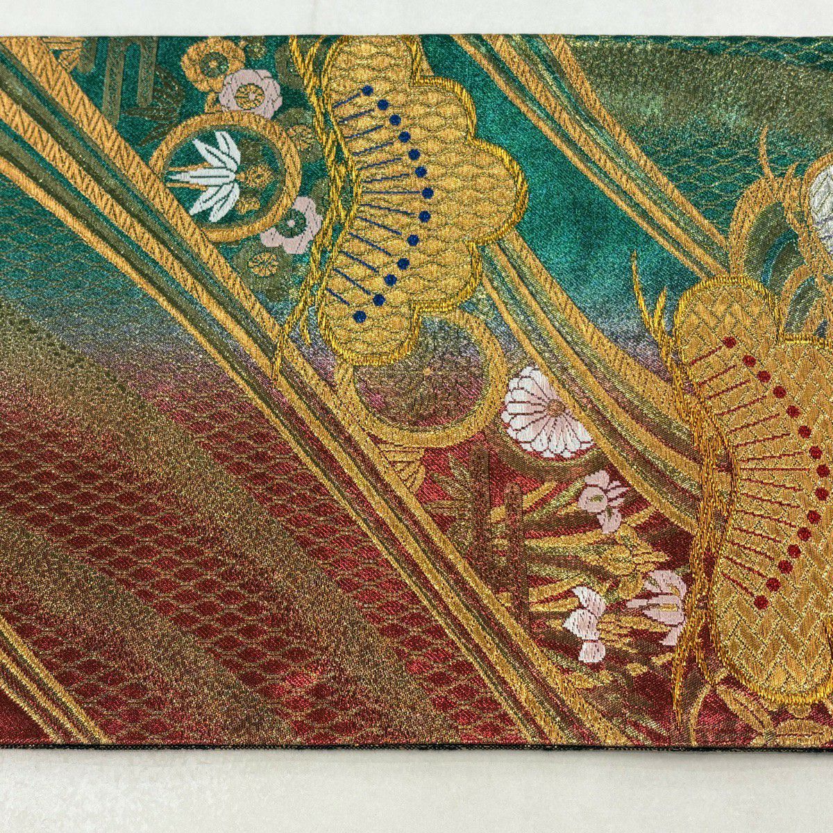 袋帶 秀品級 松樹竹子梅花 ヱ霞 金銀糸 金金箔 綠 六通 純蠶絲