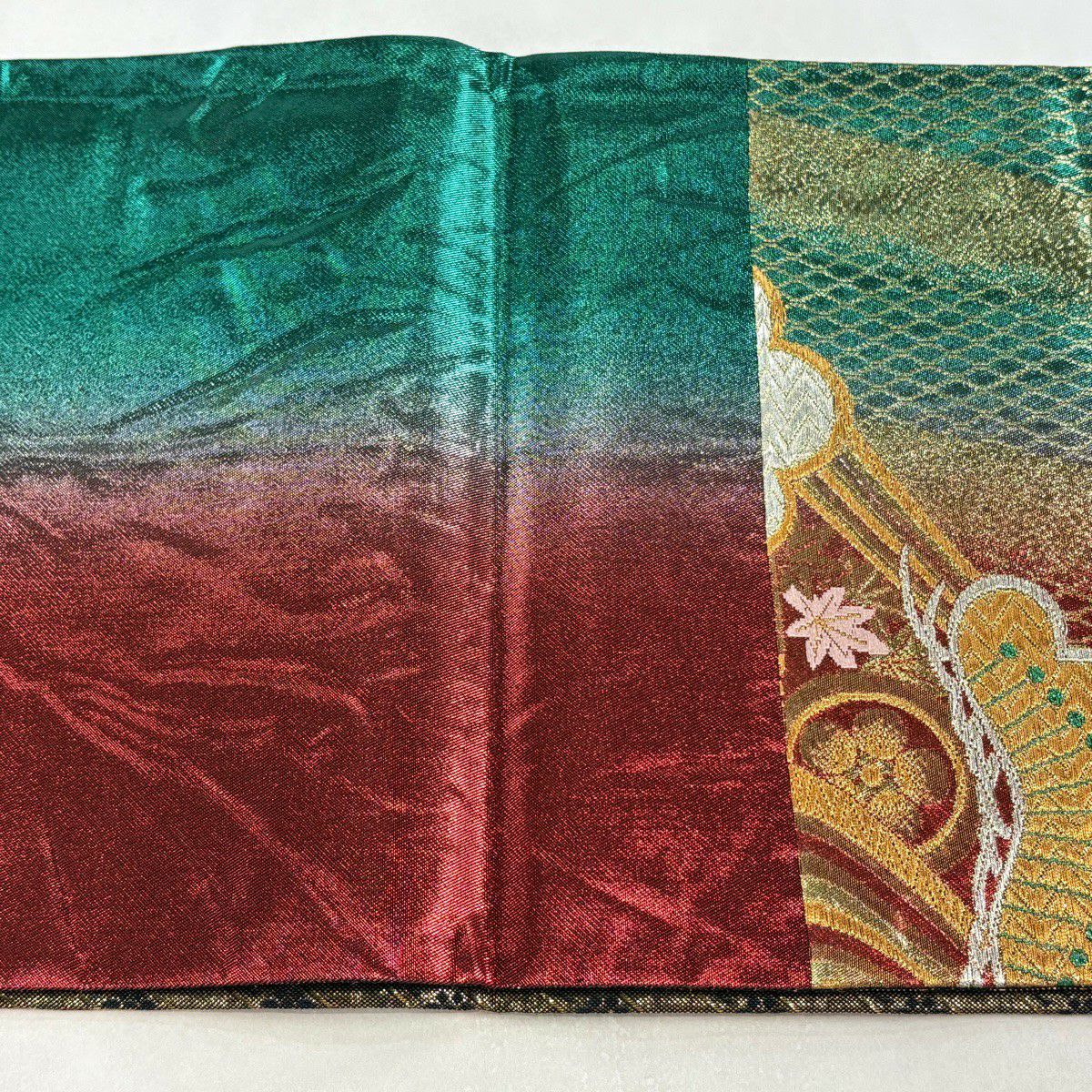 袋帶 秀品級 松樹竹子梅花 ヱ霞 金銀糸 金金箔 綠 六通 純蠶絲
