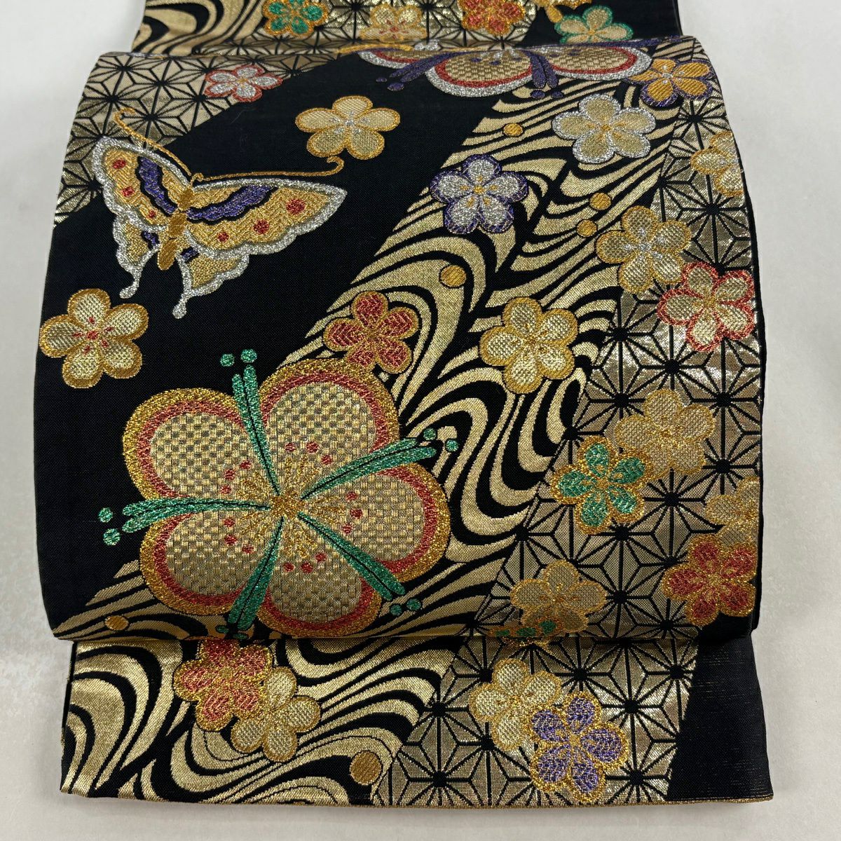 【美品】 袋帶 秀品級 蝶 梅花 金金箔 金絲 黑 六通 純蠶絲