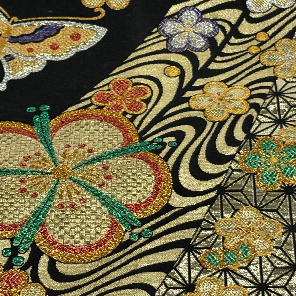【美品】 袋帶 秀品級 蝶 梅花 金金箔 金絲 黑 六通 純蠶絲