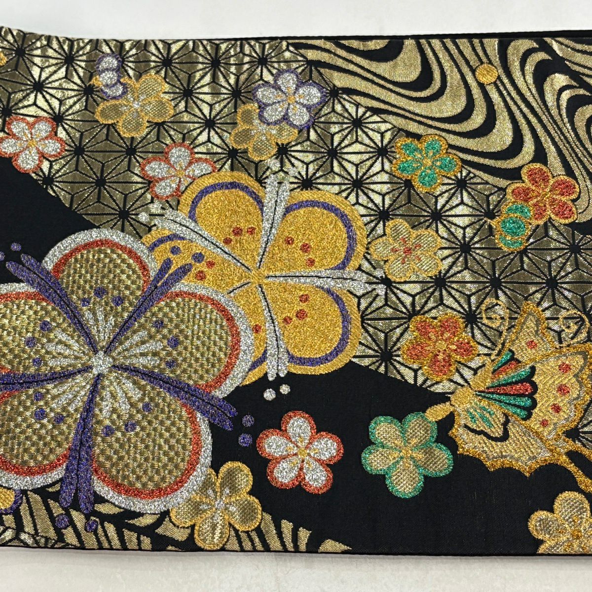 【美品】 袋帶 秀品級 蝶 梅花 金金箔 金絲 黑 六通 純蠶絲