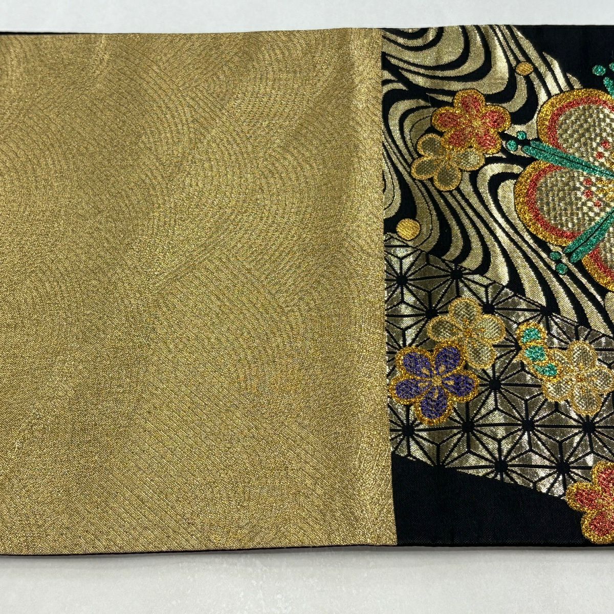 【美品】 袋帶 秀品級 蝶 梅花 金金箔 金絲 黑 六通 純蠶絲